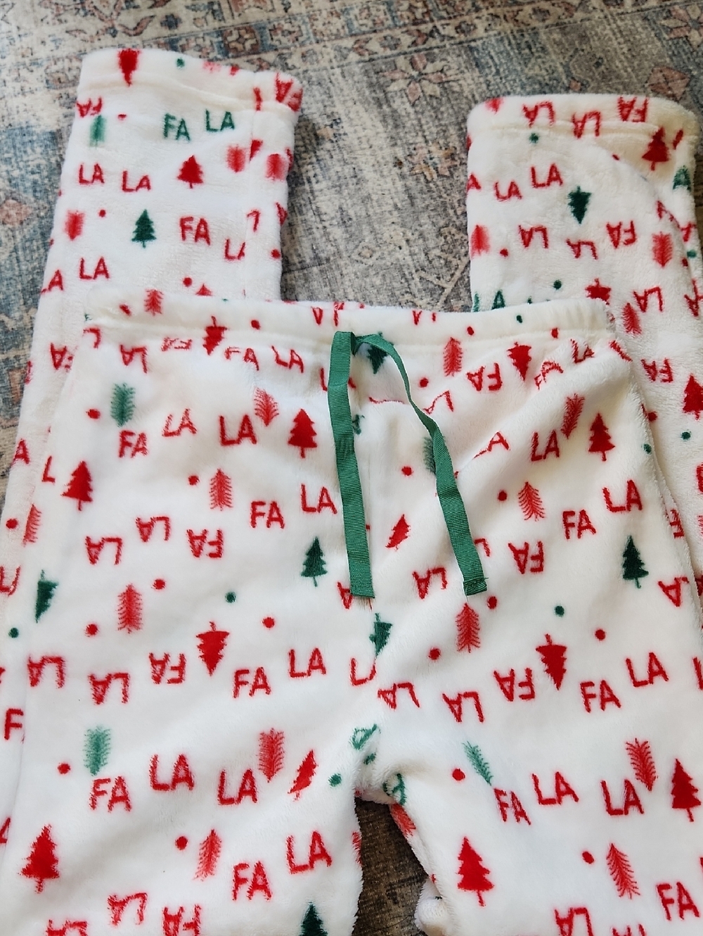 Holiday 'Fa La' Plush Pajama Pants - White with Red & Green Trees
